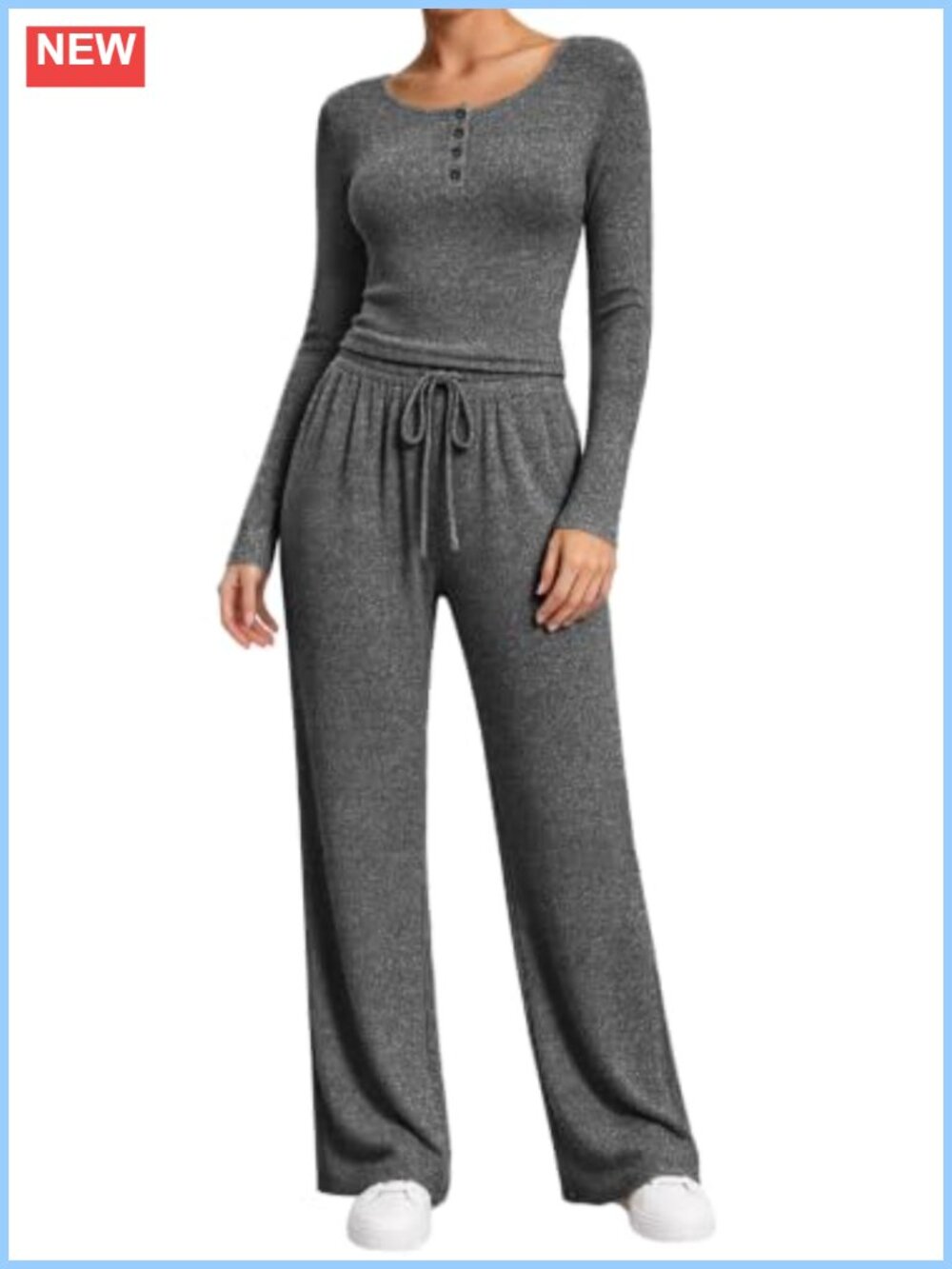 Women's 2 Piece Henley Long Sleeve Top Wide Leg Knit Lounge Pant Set